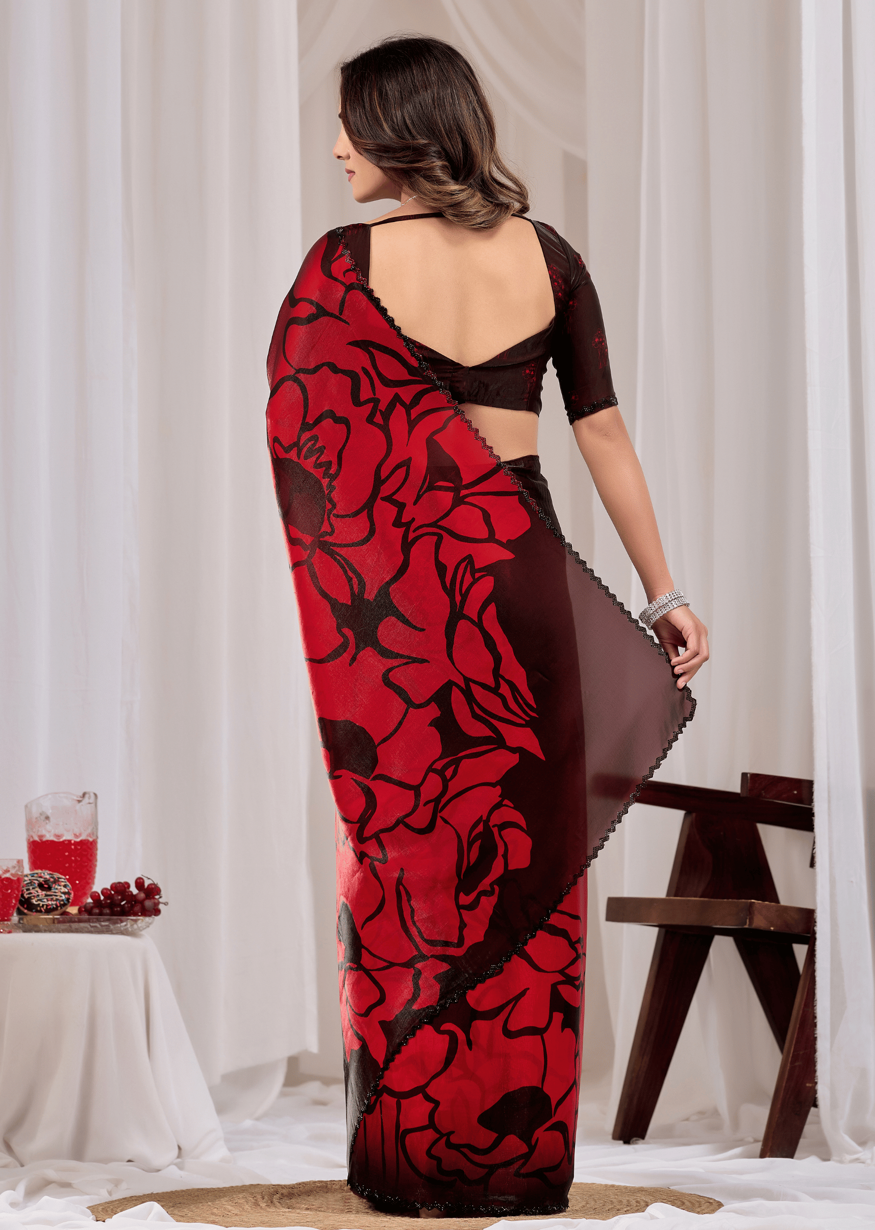 Cherry Red Organza Saree Back Pose - Floral Print Detail