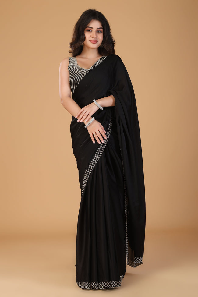 Black stone work pure satin saree Hover Image