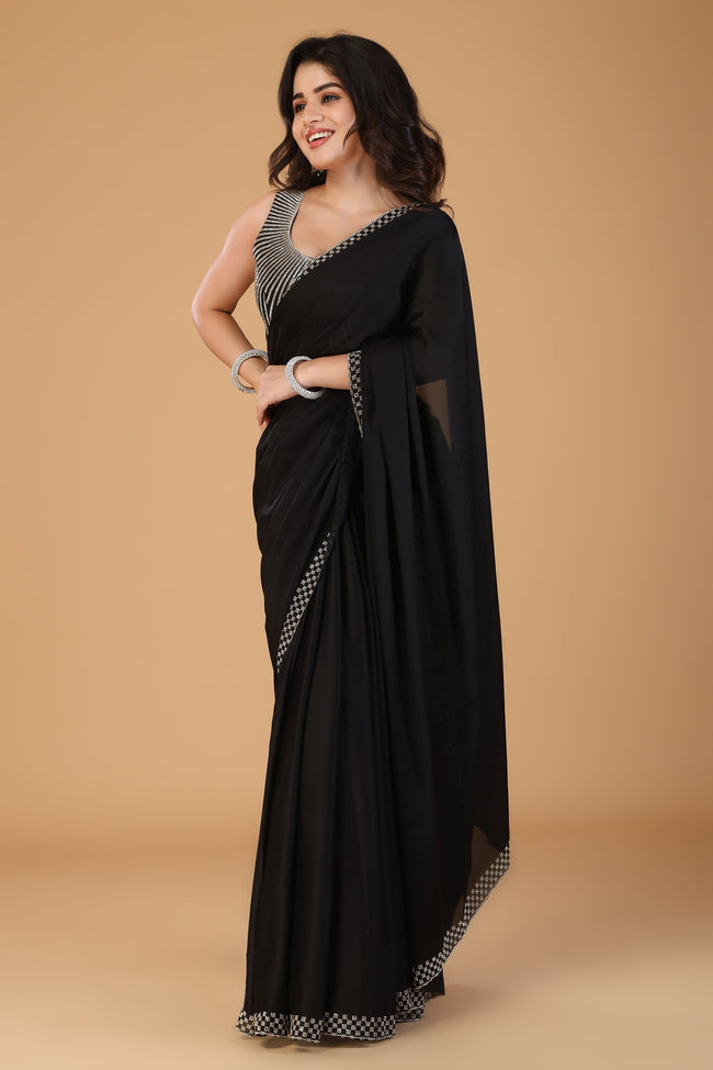 Black stone work pure satin saree Main Image