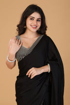 Black stone work pure satin saree