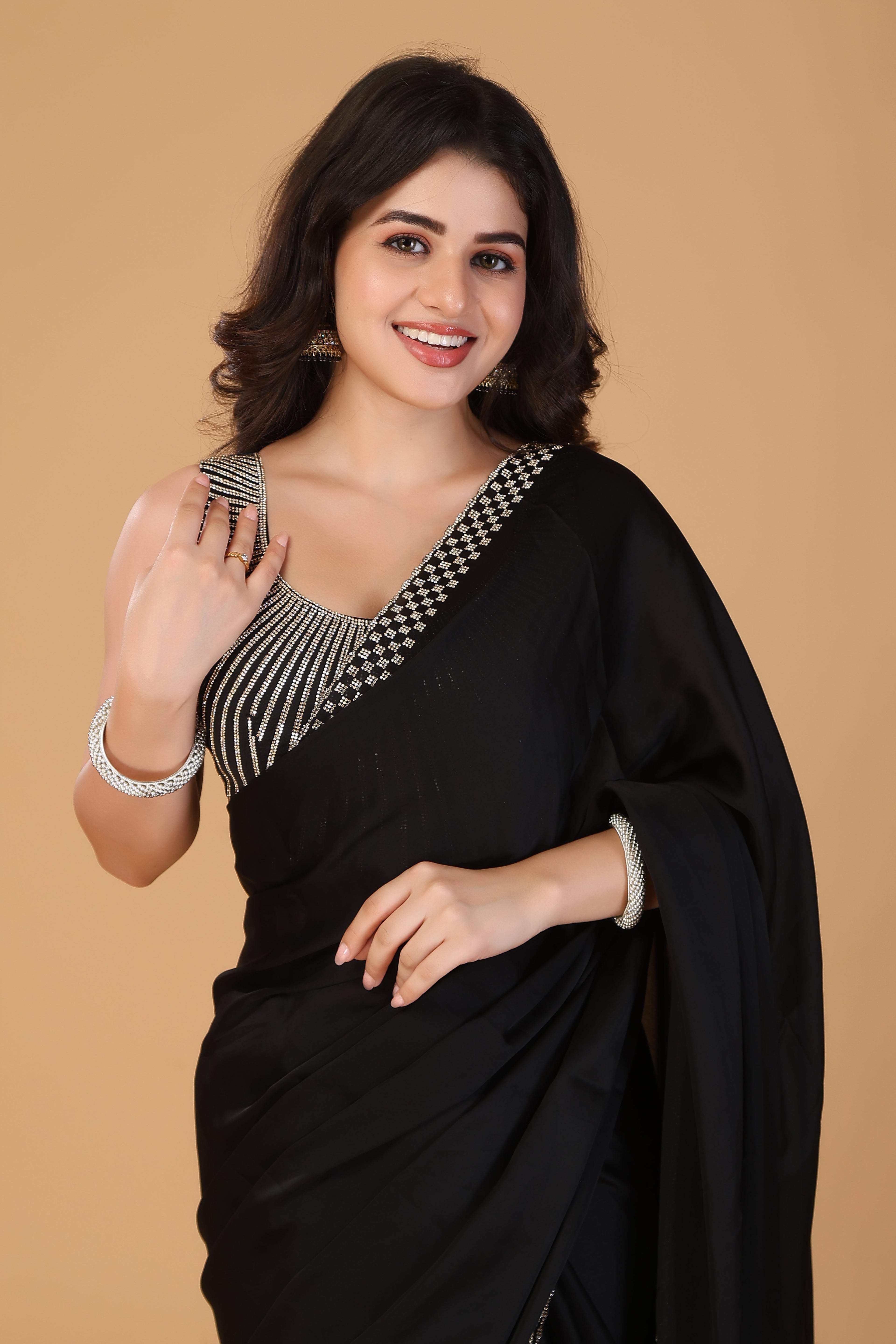 Black stone work pure satin saree