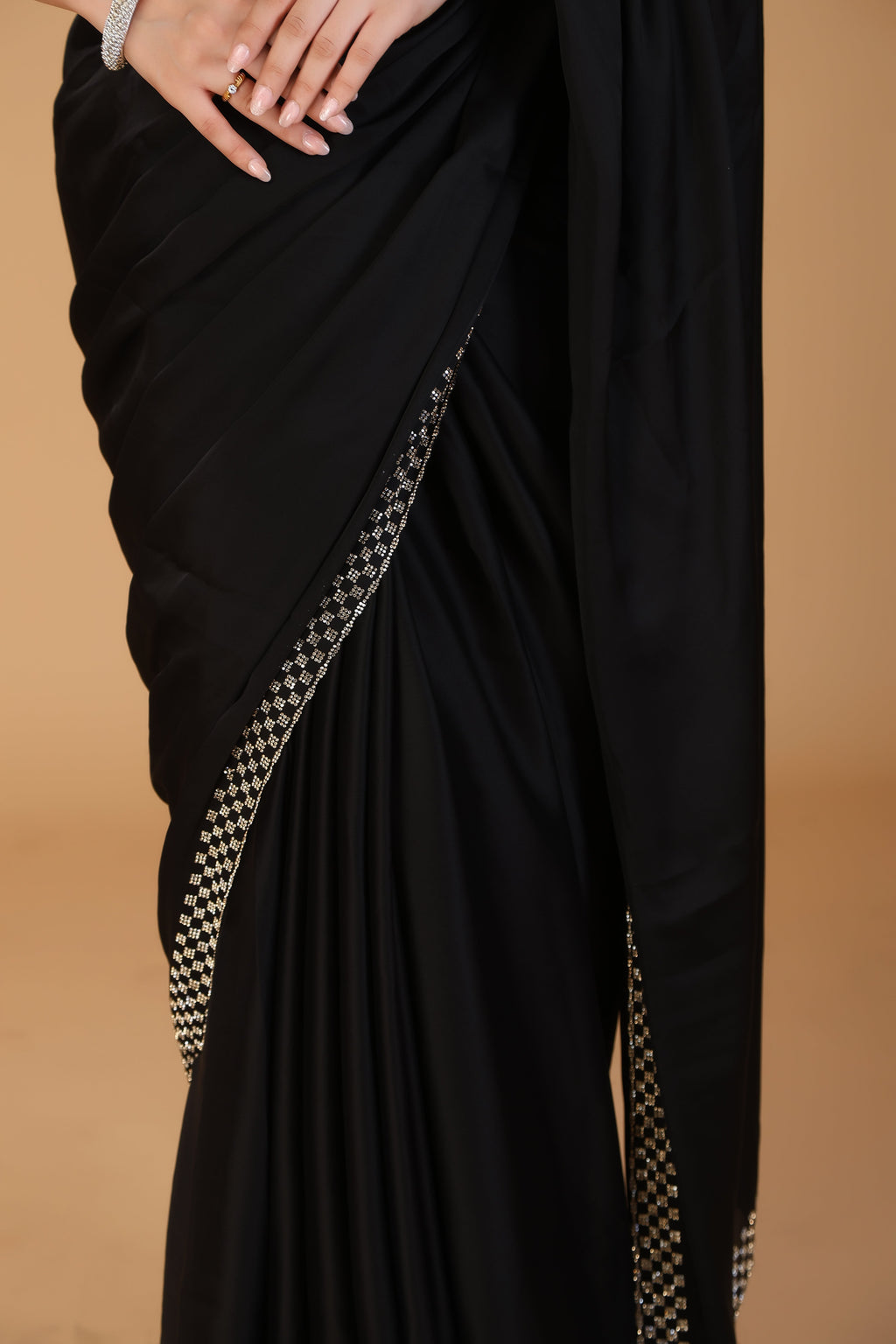 Black stone work pure satin saree