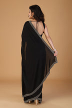 Black stone work pure satin saree