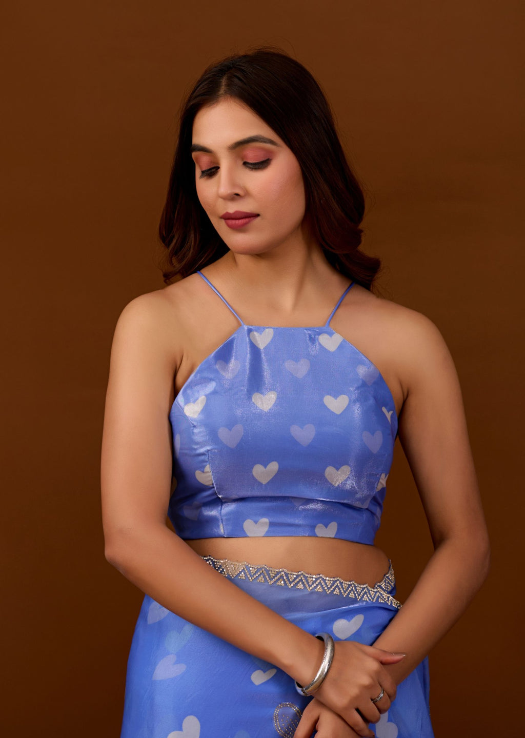 Sky Blue Organza Saree with Heart Print & Stone Work Border