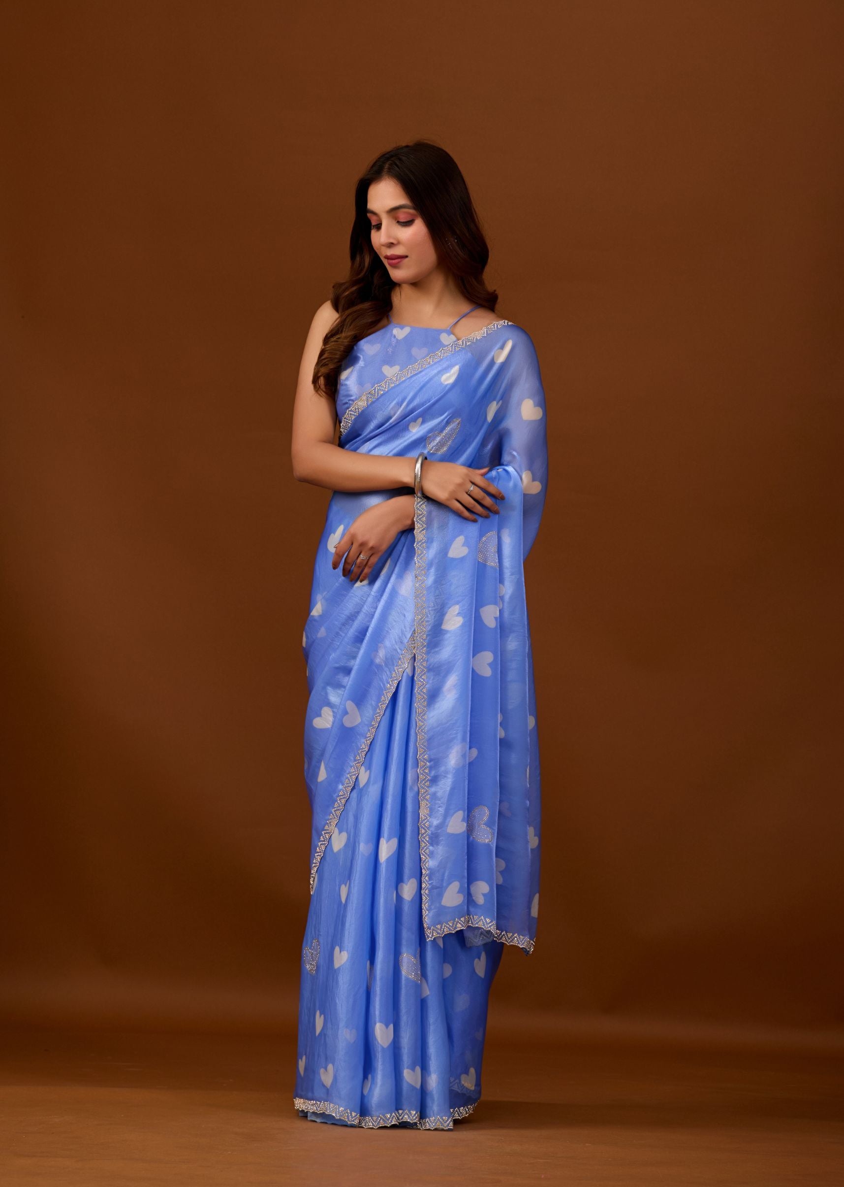 Sky Blue Organza Saree with Heart Print & Stone Work Border