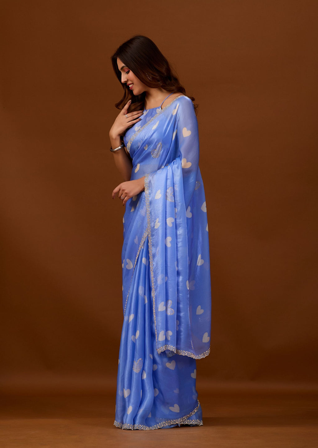 Sky Blue Organza Saree with Heart Print & Stone Work Border