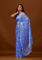 Sky Blue Organza Saree with Heart Print & Stone Work Border