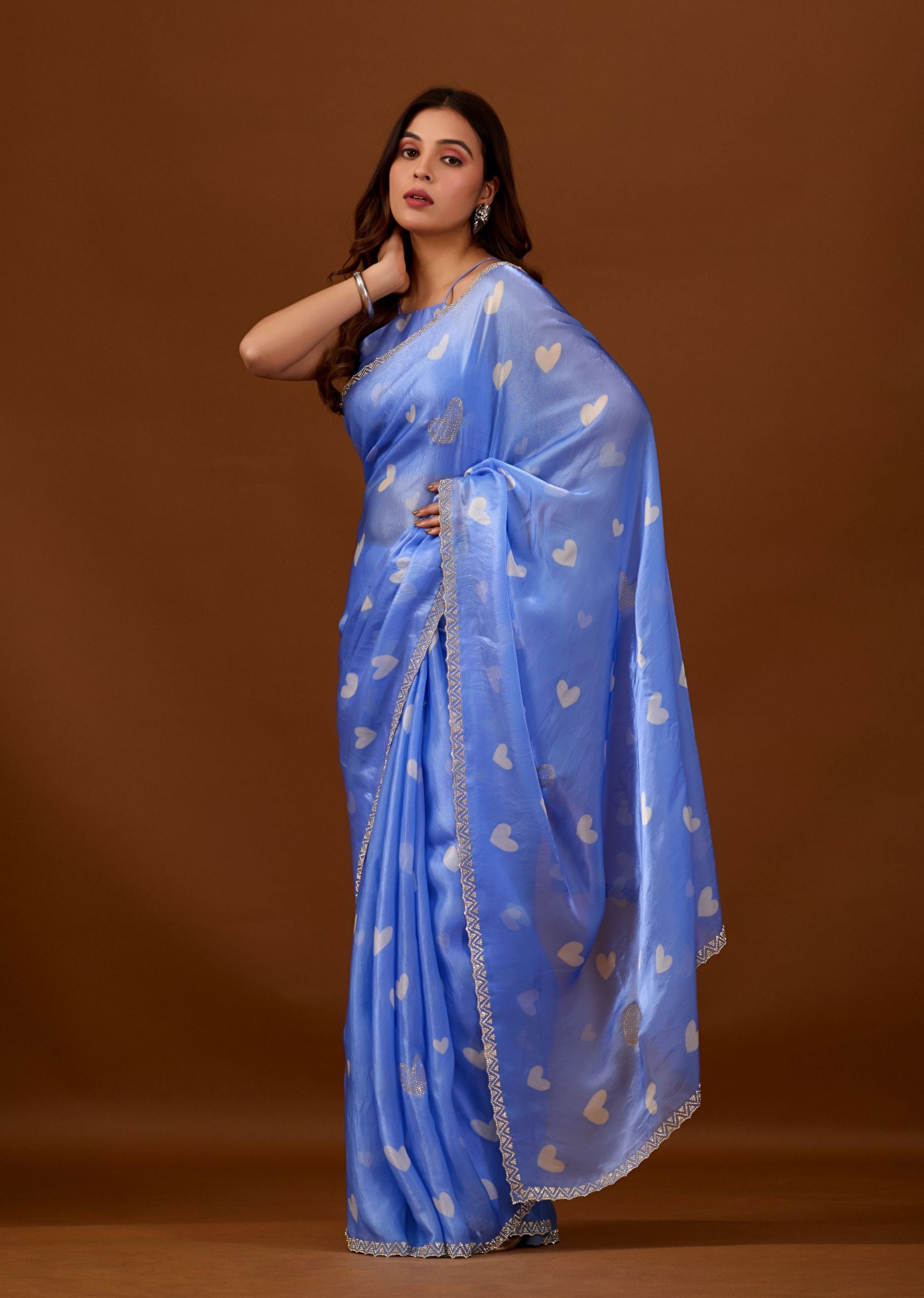 Sky Blue Organza Saree with Heart Print & Stone Work Border