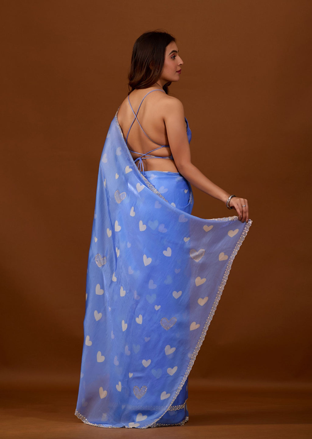 Sky Blue Organza Saree with Heart Print & Stone Work Border