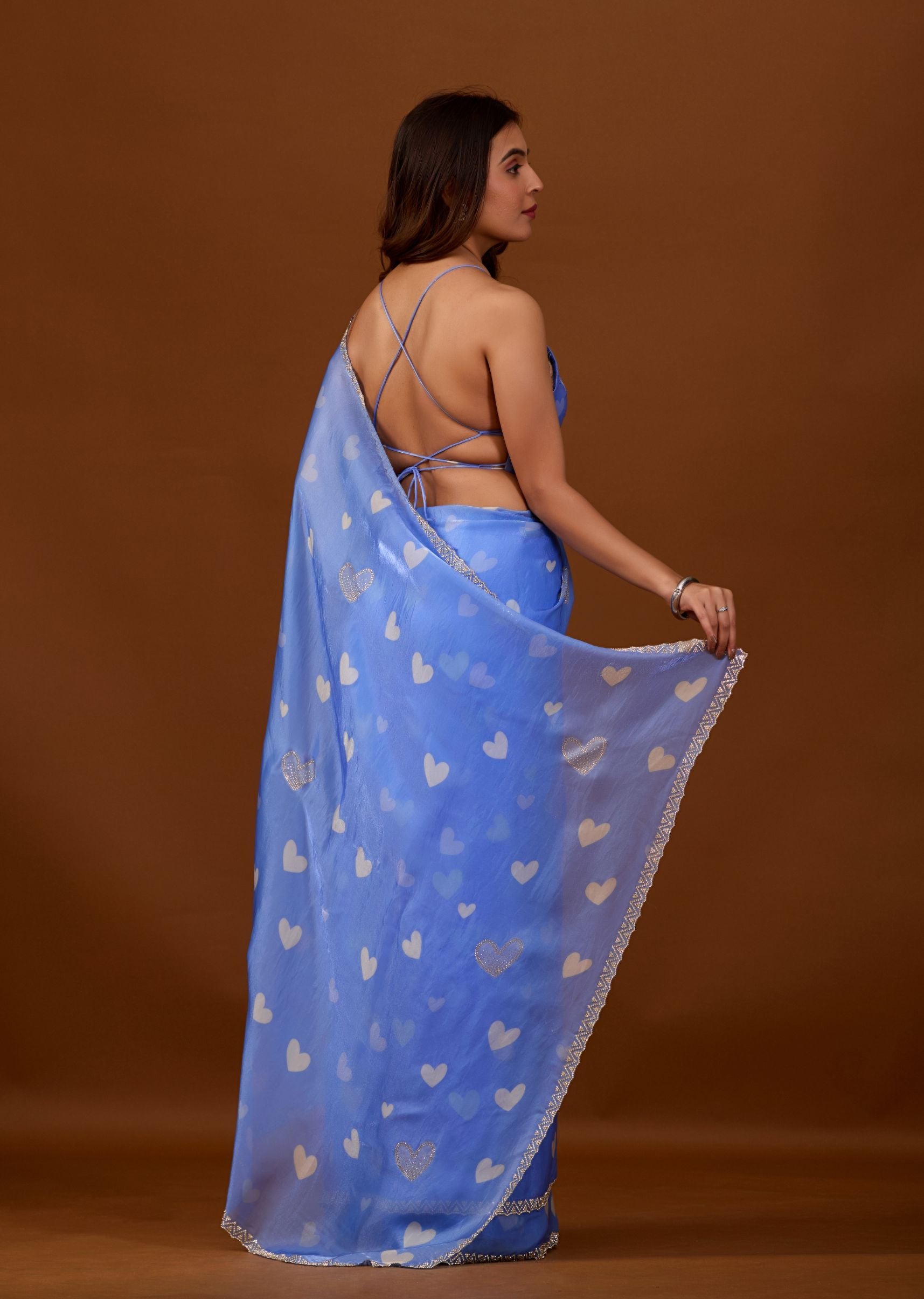 Sky Blue Organza Saree with Heart Print & Stone Work Border