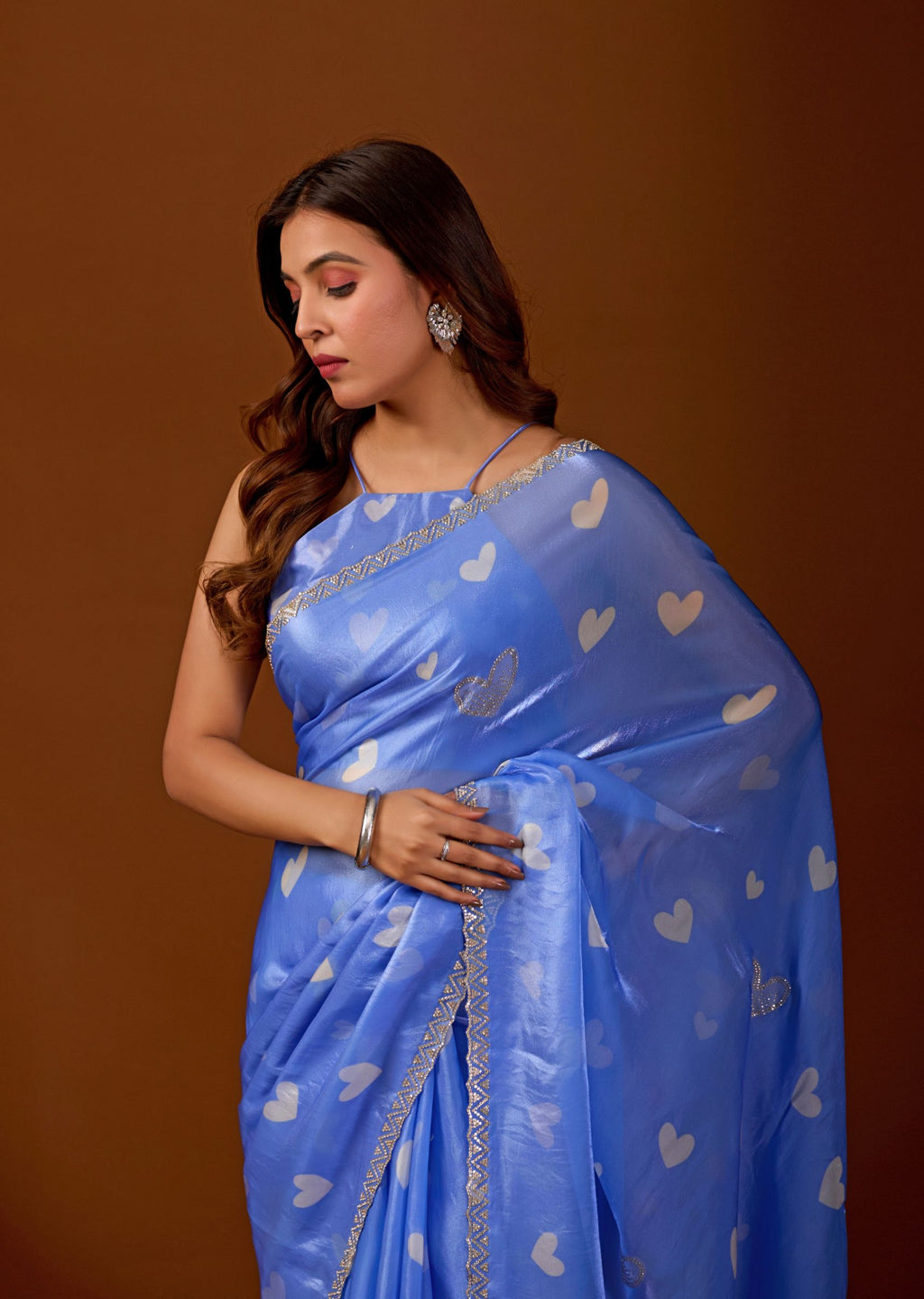 Sky Blue Organza Saree with Heart Print & Stone Work Border