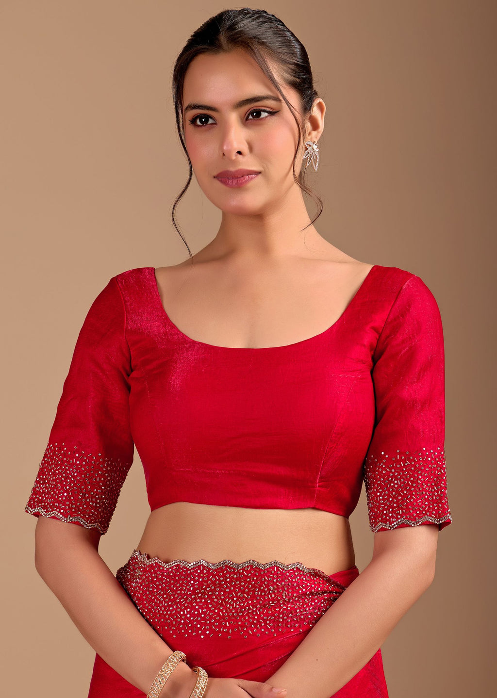 Ruby Red Organza Saree with Heavy Stone Work Embellished Border
