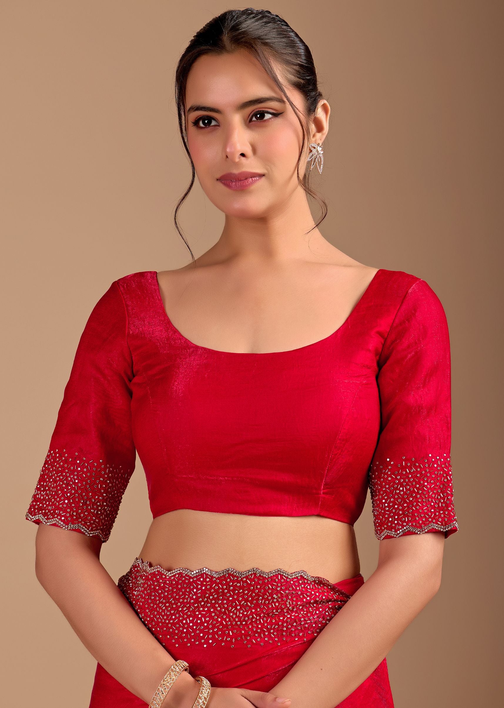 Ruby Red Organza Saree with Heavy Stone Work Embellished Border