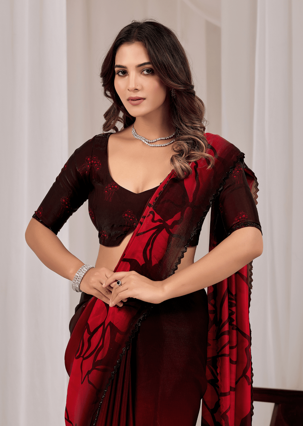 Cherry Red Organza Saree Close Up Pose - Festive Wear Saree