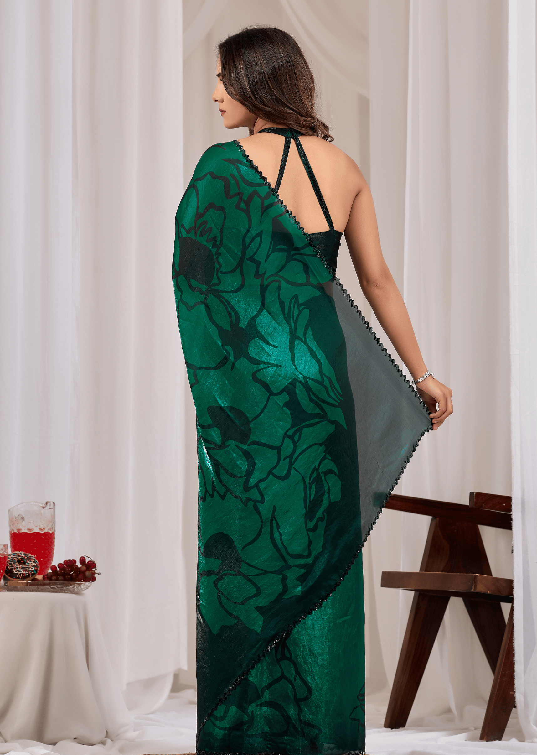 Green Organza Saree Back Pose - Floral Print Detail