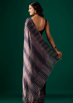 Blue Silk Saree Pallu Draped Look - Wavy Diamond Work Detail
