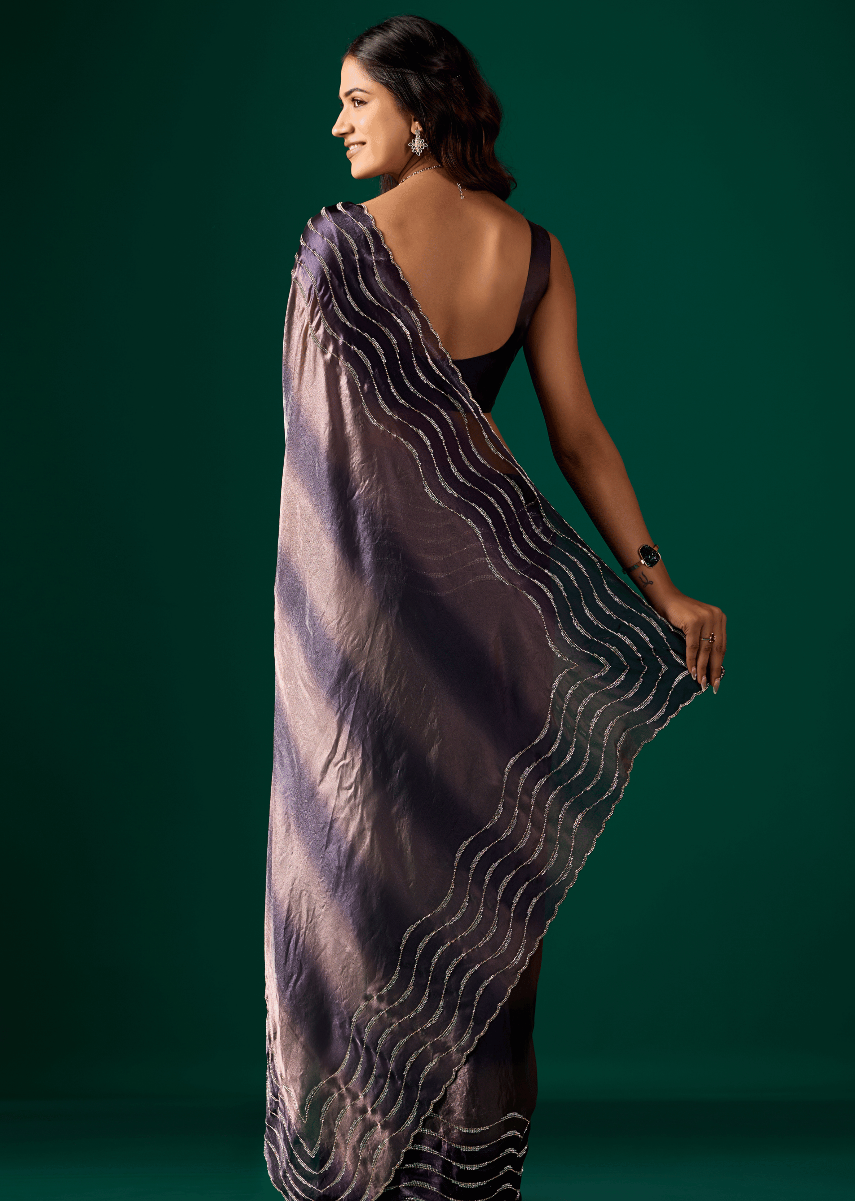 Blue Silk Saree Pallu Draped Look - Wavy Diamond Work Detail