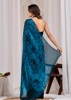 Royal Blue Organza Saree Back Pose - Floral Print Detail