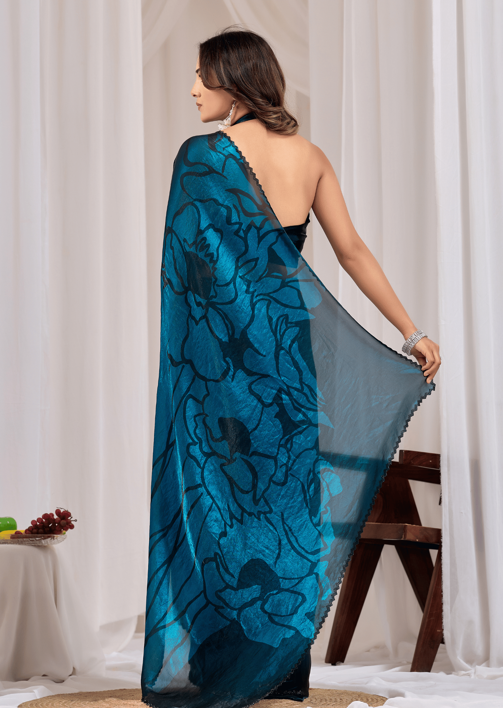 Royal Blue Organza Saree Back Pose - Floral Print Detail