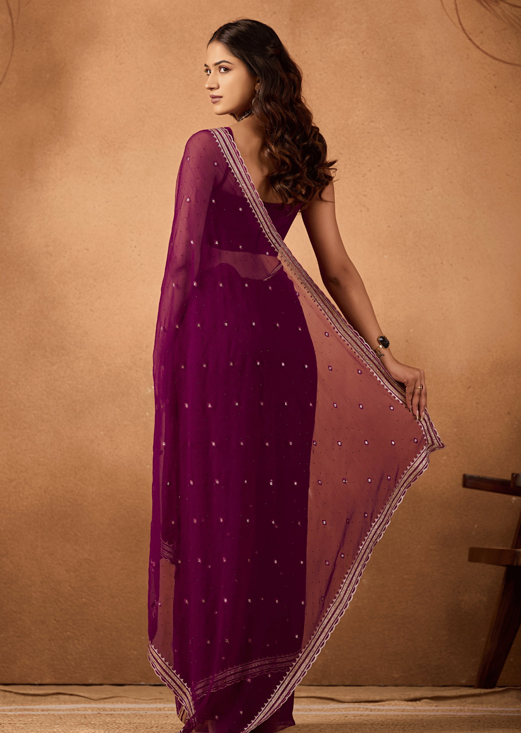 Purple Chiffon Saree Draped Look - Sequin Embroidery Detail
