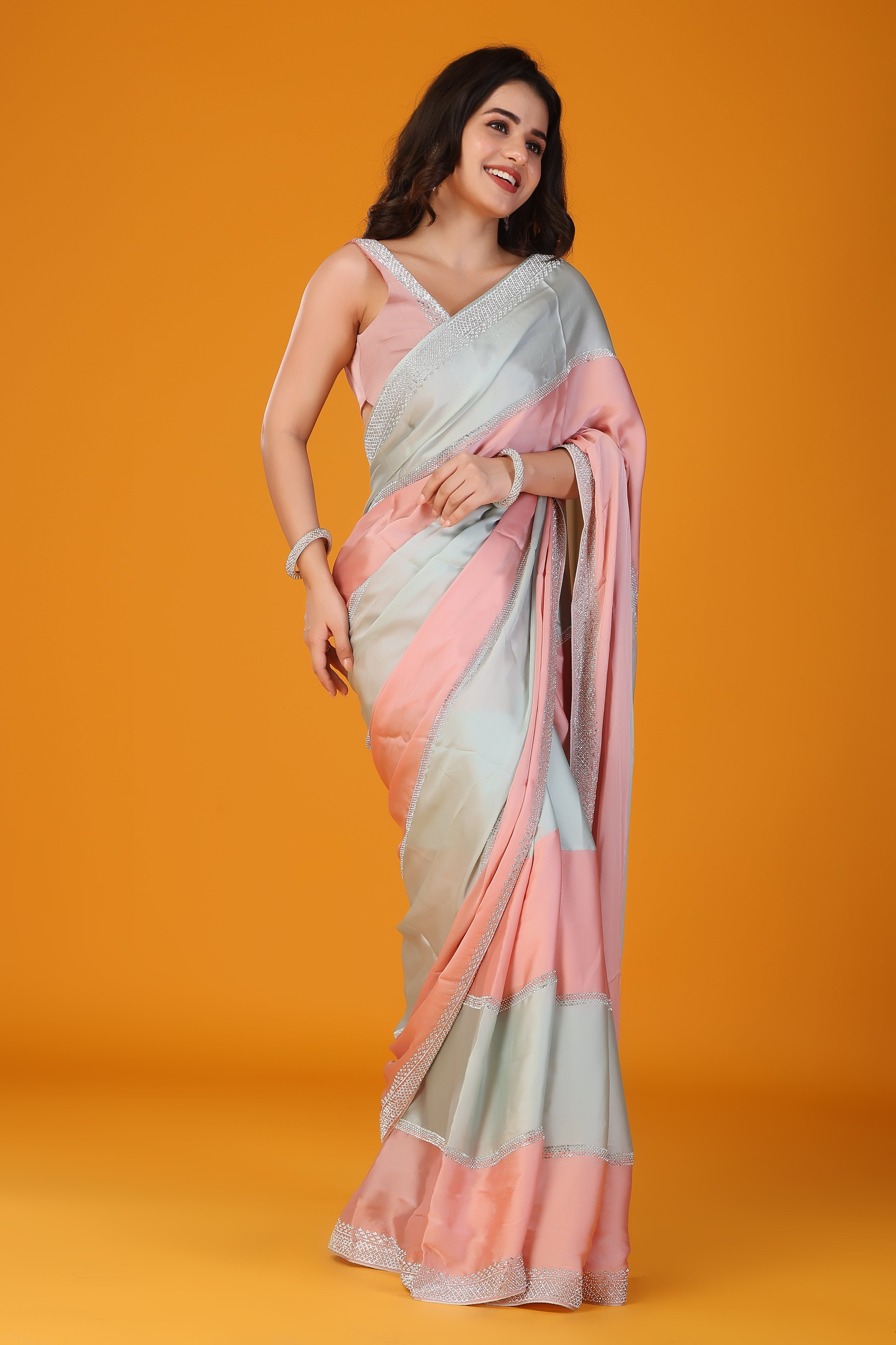 Pista and peach two tone stone work soft silk saree
