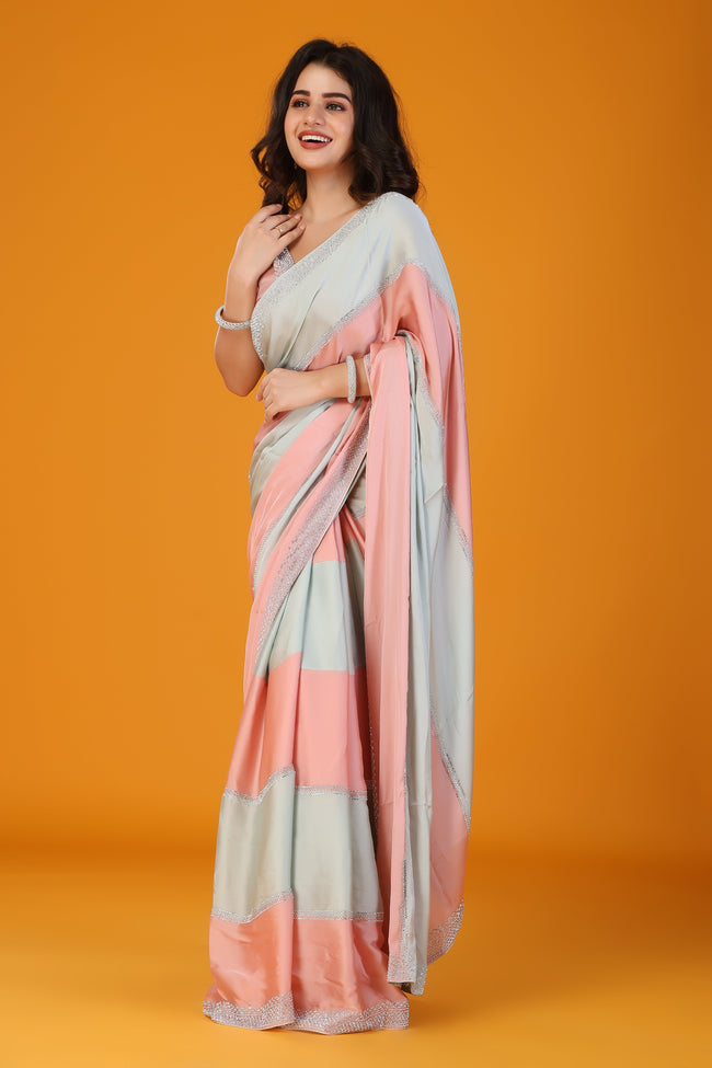 Pista and peach two tone stone work soft silk saree Hover Image