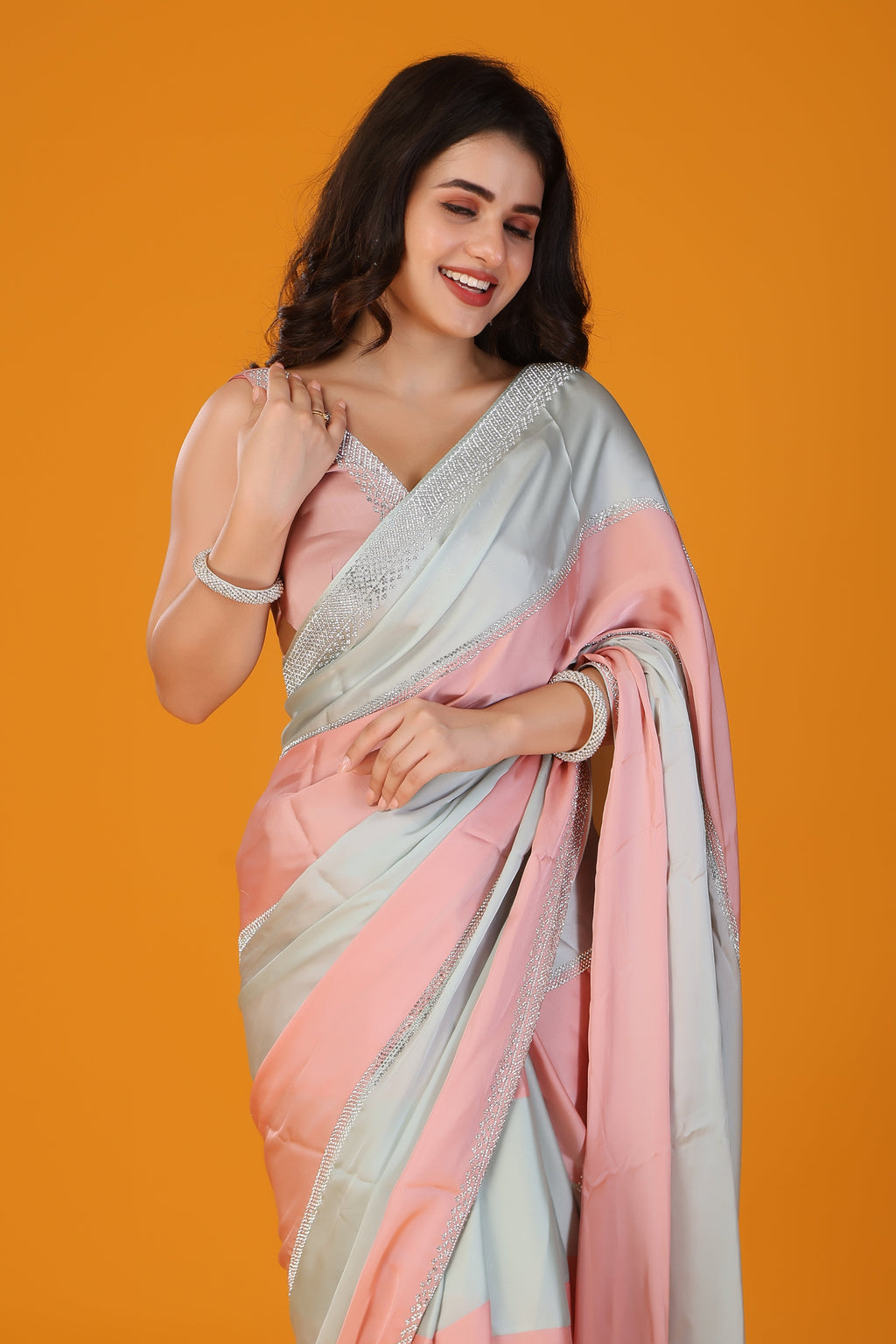 Pista and peach two tone stone work soft silk saree