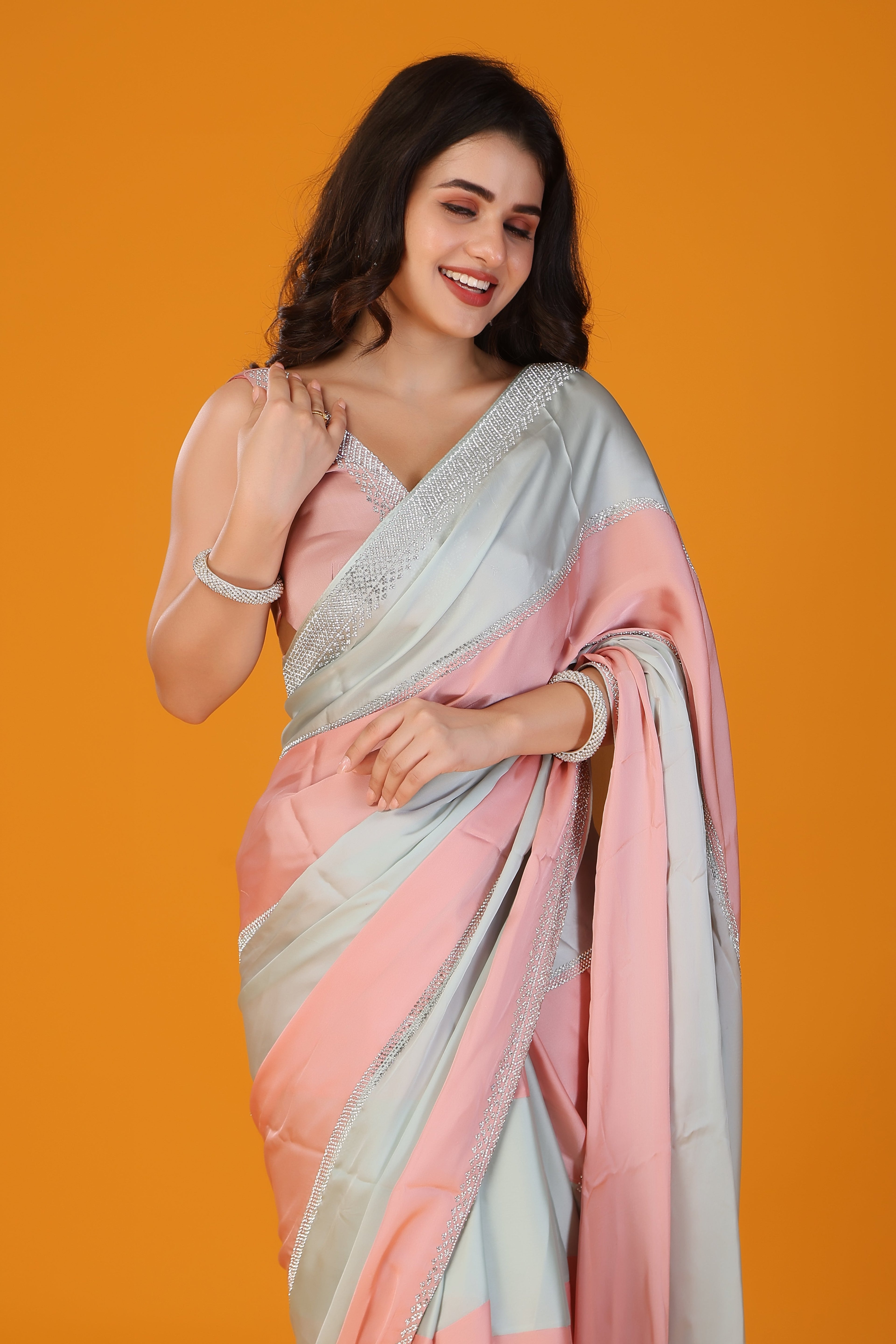 Pista and peach two tone stone work soft silk saree