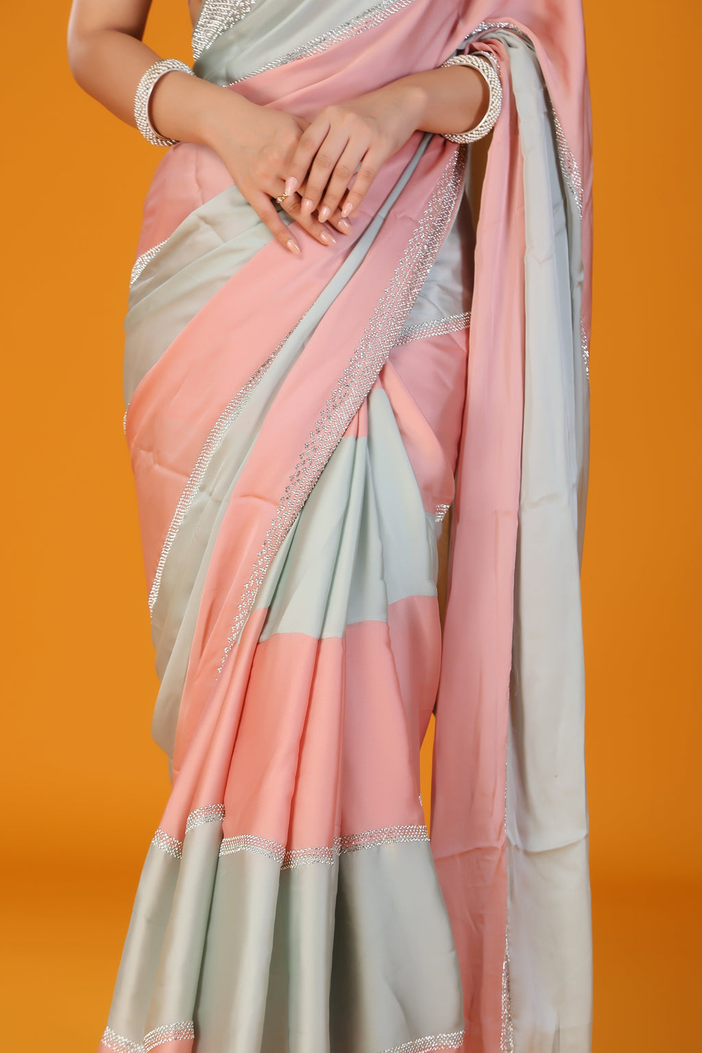 Pista and peach two tone stone work soft silk saree