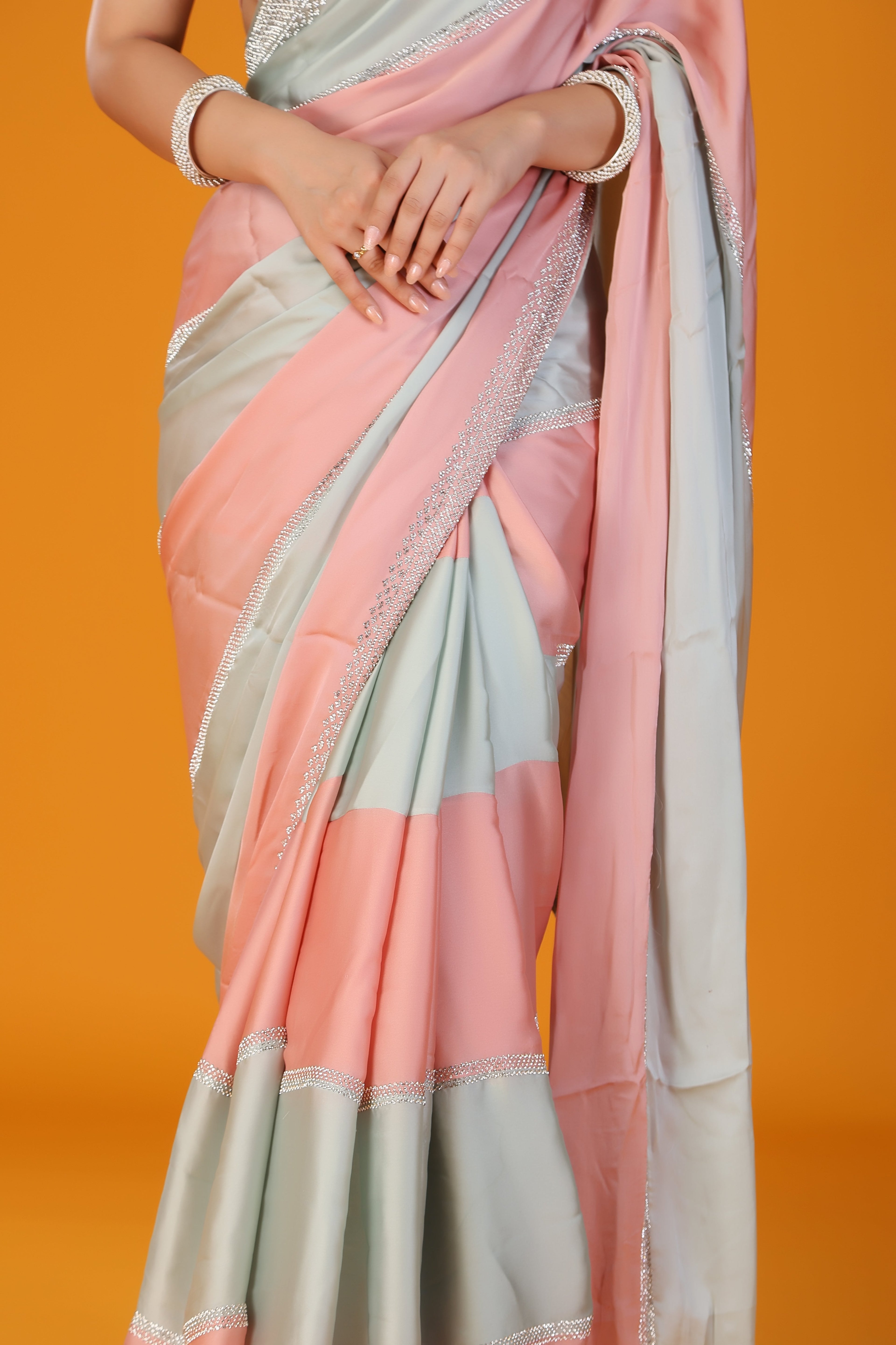Pista and peach two tone stone work soft silk saree