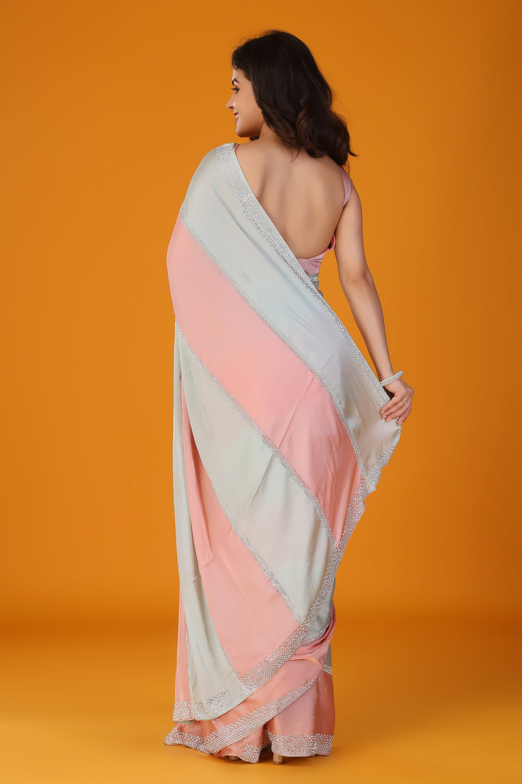 Pista and peach two tone stone work soft silk saree