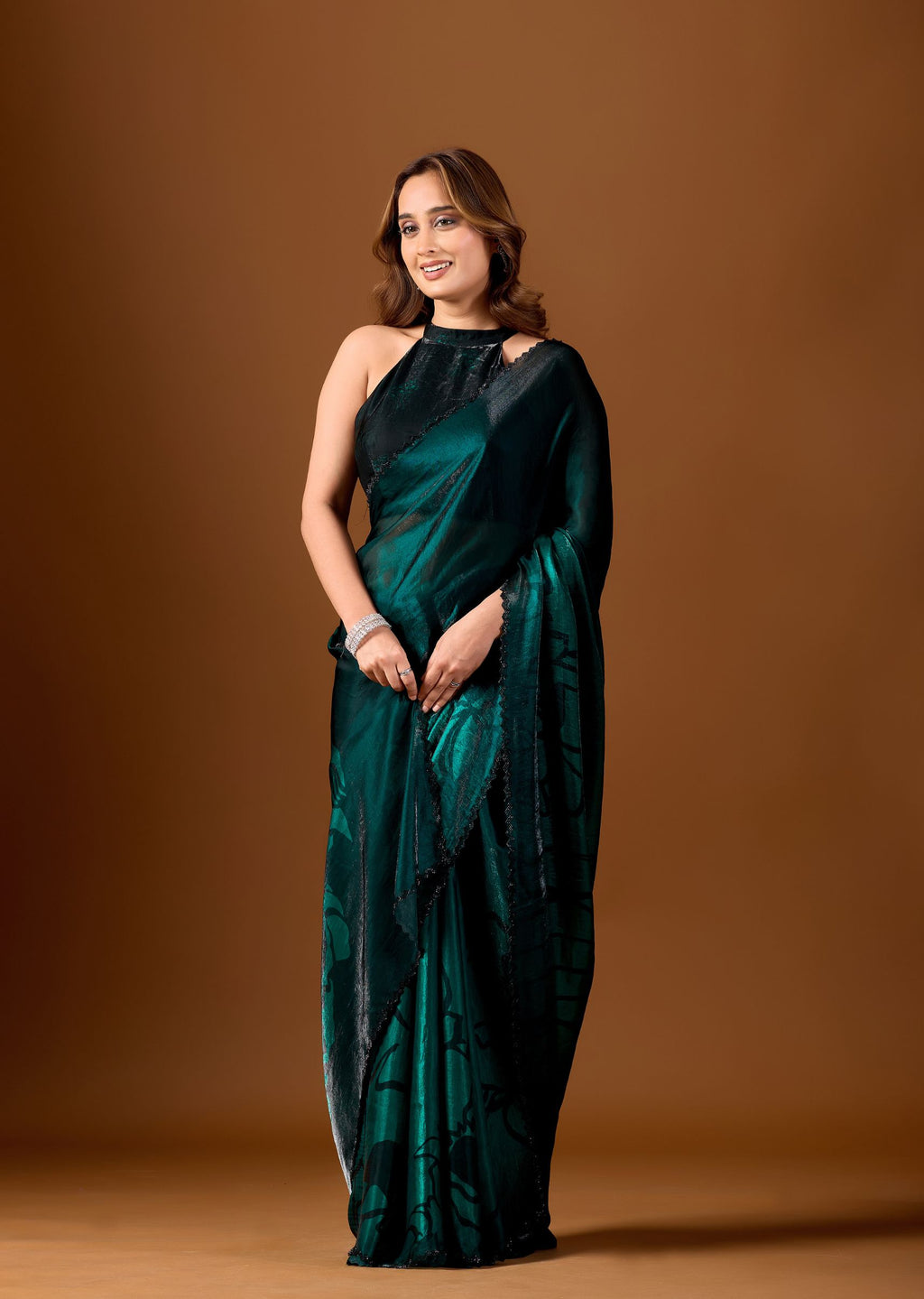 Wine Purple Organza Saree with Abstract Floral Print & Designer Scalloped Border