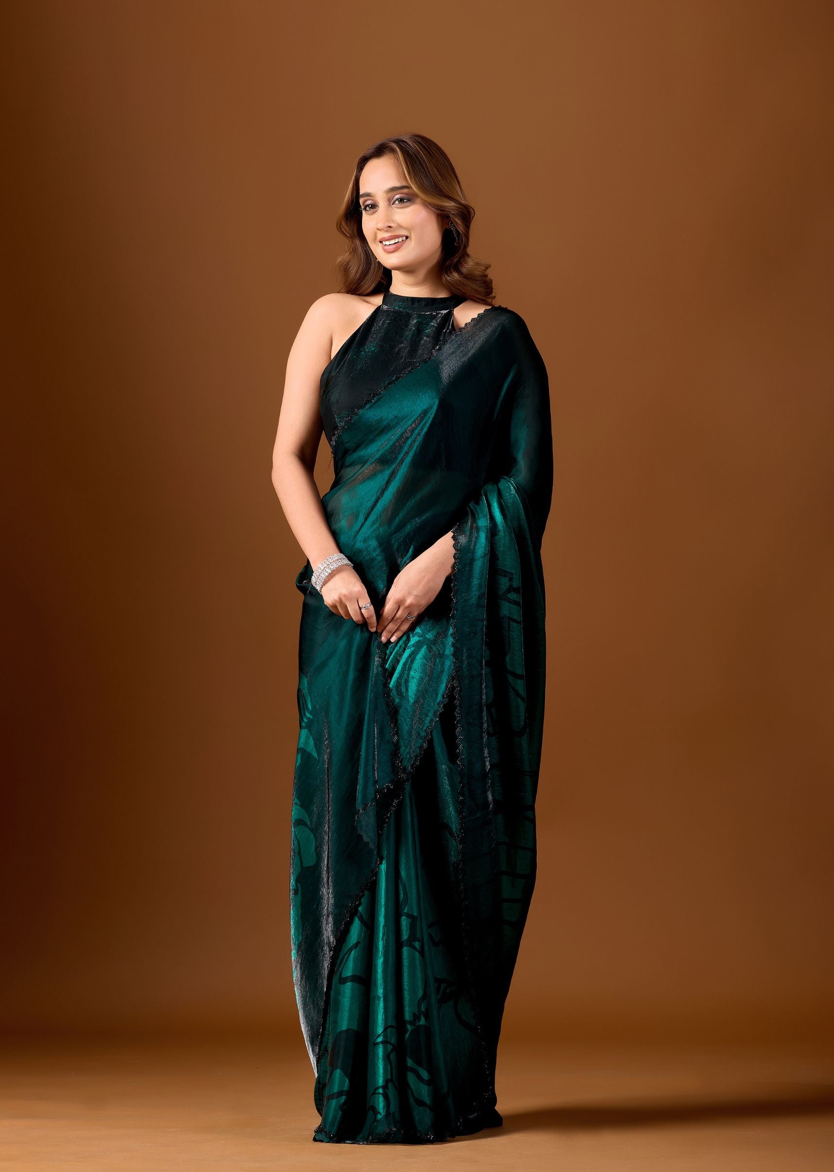 Wine Purple Organza Saree with Abstract Floral Print & Designer Scalloped Border