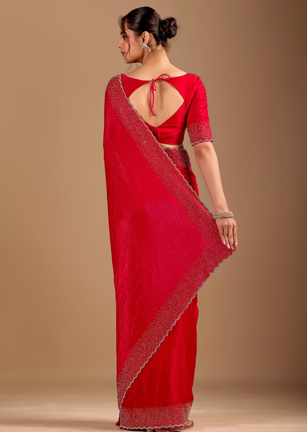 Ruby Red Organza Saree with Heavy Stone Work Embellished Border