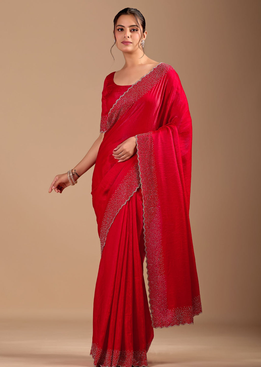 Ruby Red Organza Saree with Heavy Stone Work Embellished Border