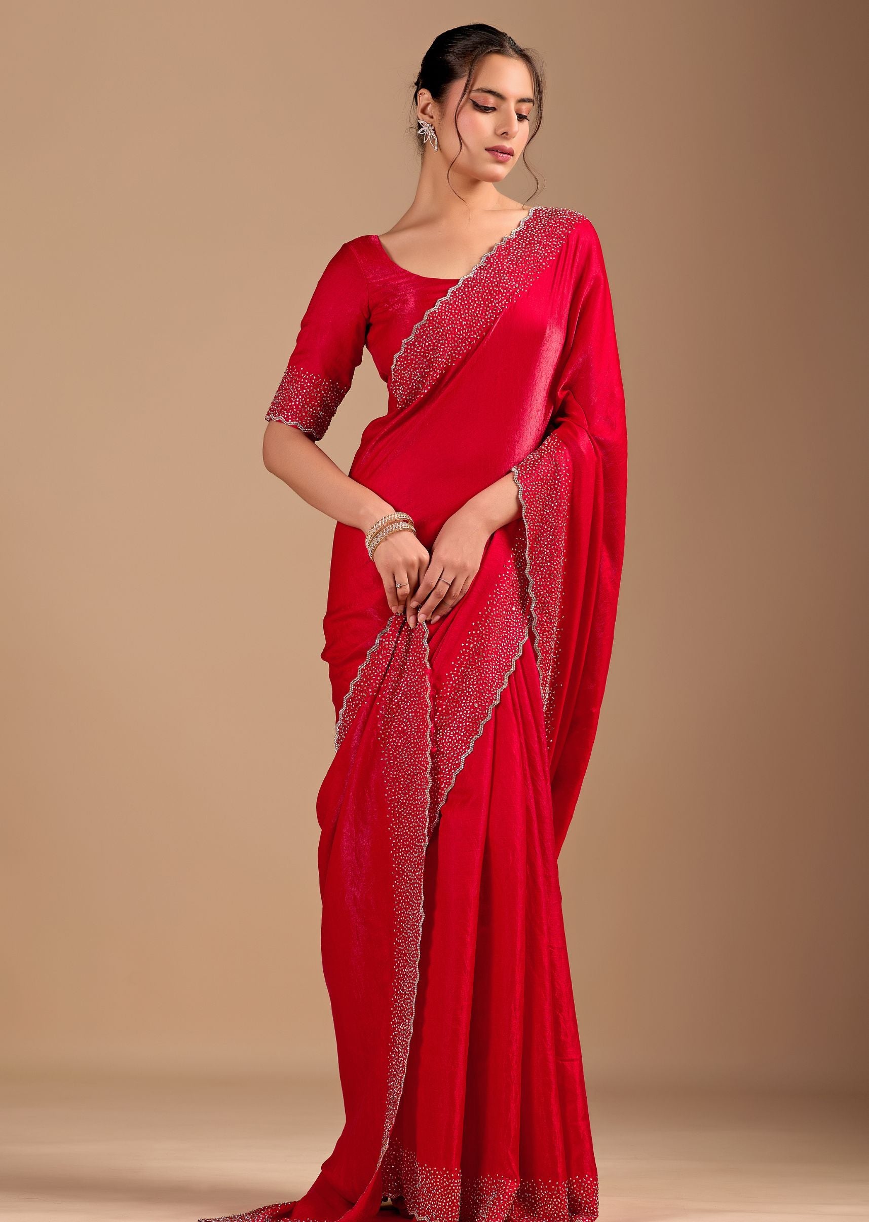 Ruby Red Organza Saree with Heavy Stone Work Embellished Border