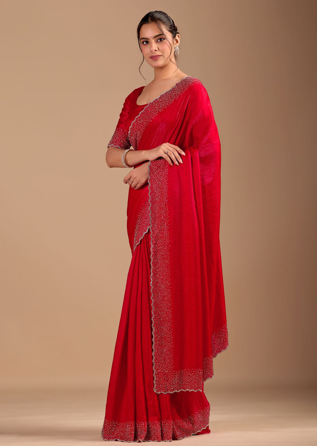 Ruby Red Organza Saree with Heavy Stone Work Embellished Border