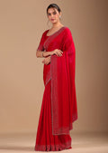 Ruby Red Organza Saree with Heavy Stone Work Embellished Border