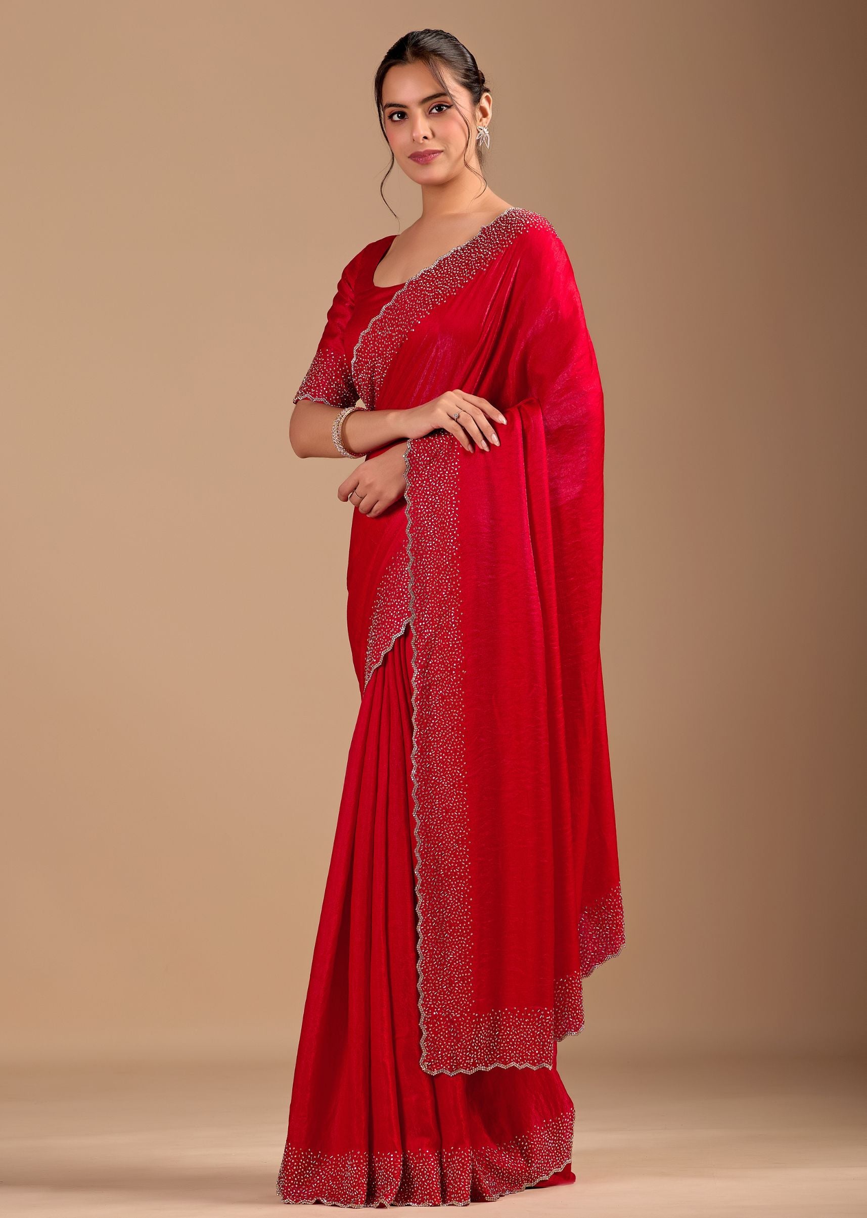 Ruby Red Organza Saree with Heavy Stone Work Embellished Border