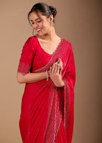 Ruby Red Organza Saree with Heavy Stone Work Embellished Border