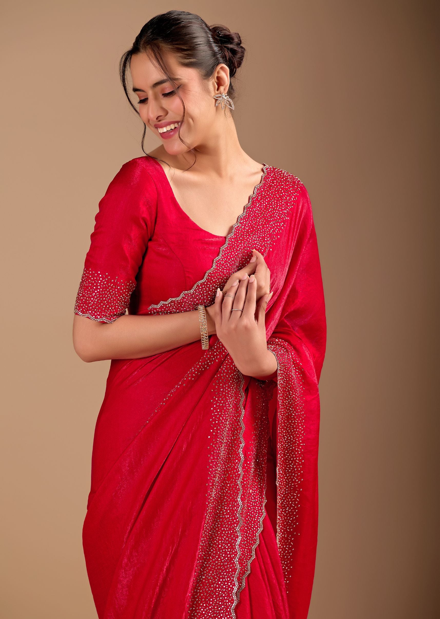 Ruby Red Organza Saree with Heavy Stone Work Embellished Border