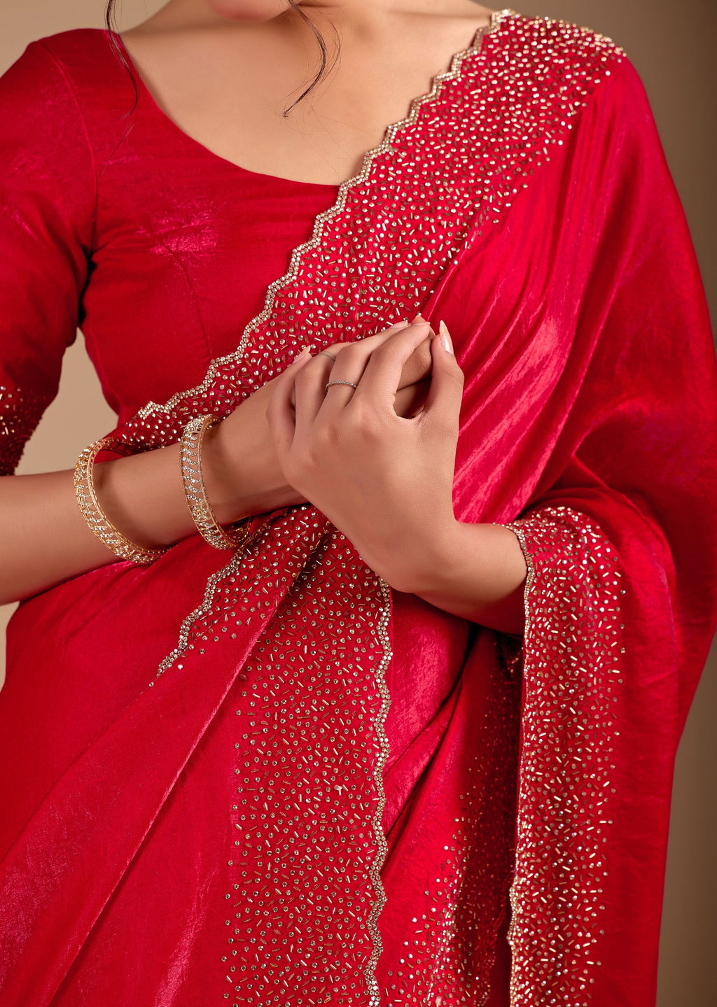 Ruby Red Organza Saree with Heavy Stone Work Embellished Border