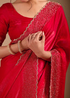 Ruby Red Organza Saree with Heavy Stone Work Embellished Border
