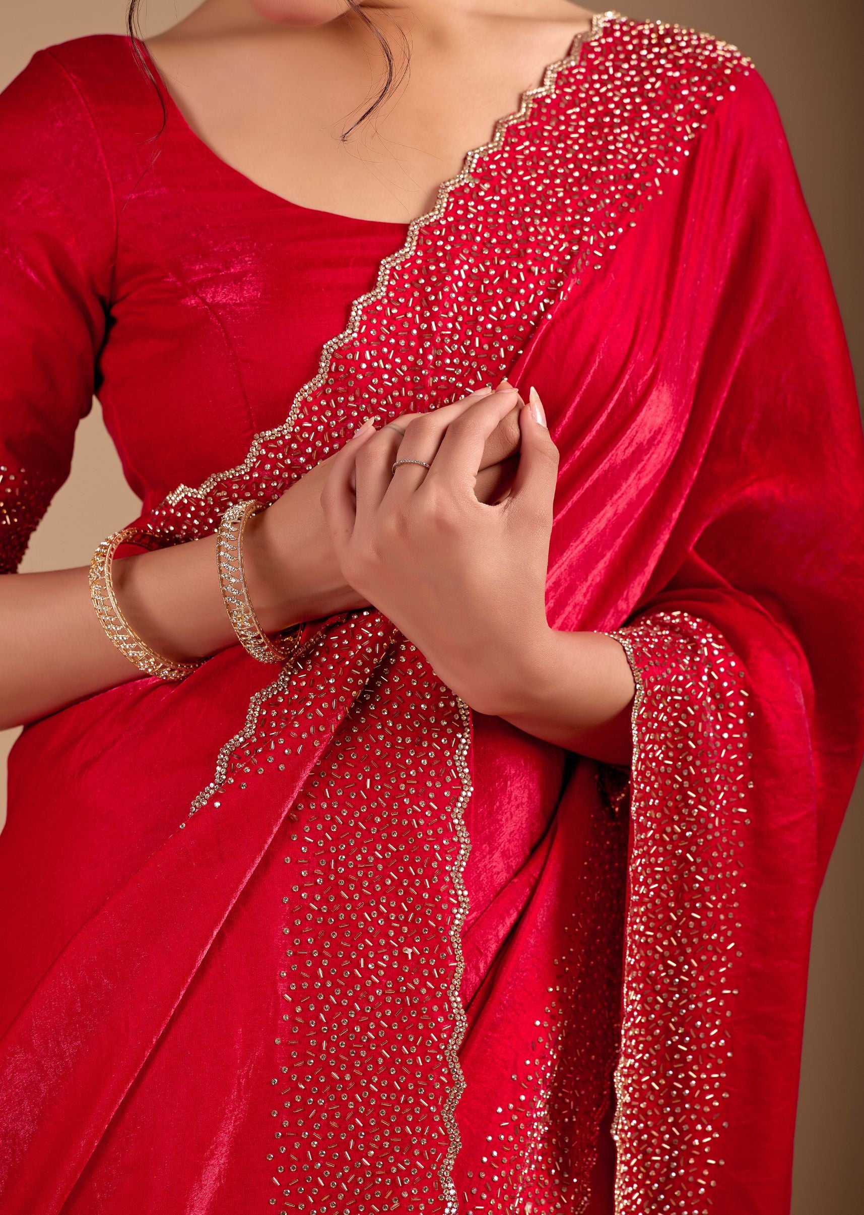 Ruby Red Organza Saree with Heavy Stone Work Embellished Border