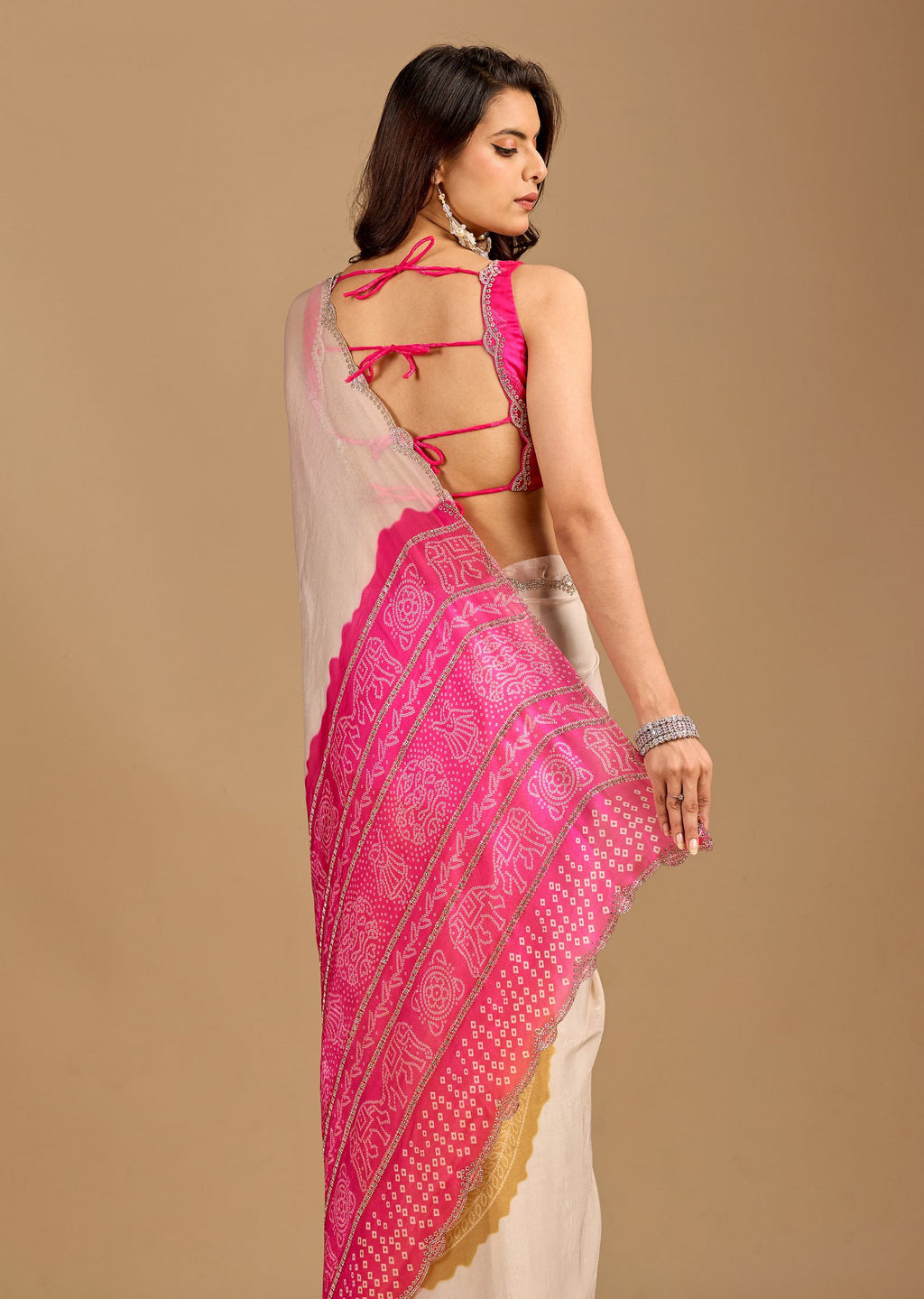 Ivory Beige Organza Saree with Stone Work Border & Mustard Bandhani Pallu