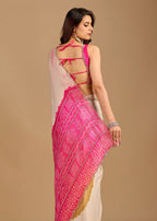 Ivory Beige Organza Saree with Stone Work Border & Mustard Bandhani Pallu
