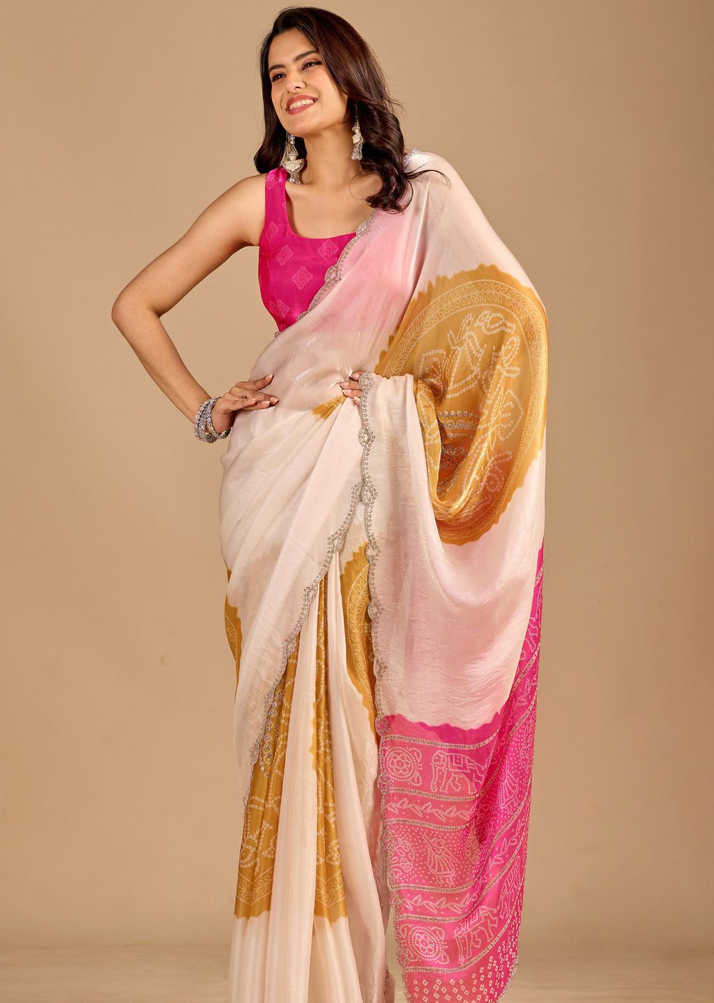 Ivory Beige Organza Saree with Stone Work Border & Mustard Bandhani Pallu