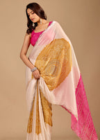 Ivory Beige Organza Saree with Stone Work Border & Mustard Bandhani Pallu