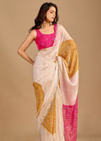 Ivory Beige Organza Saree with Stone Work Border & Mustard Bandhani Pallu