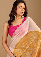 Ivory Beige Organza Saree with Stone Work Border & Mustard Bandhani Pallu